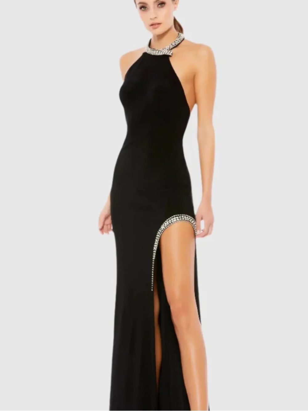 (Z) BNWT Mac Duggal Black Halter Gown with Crystal Trim #26533